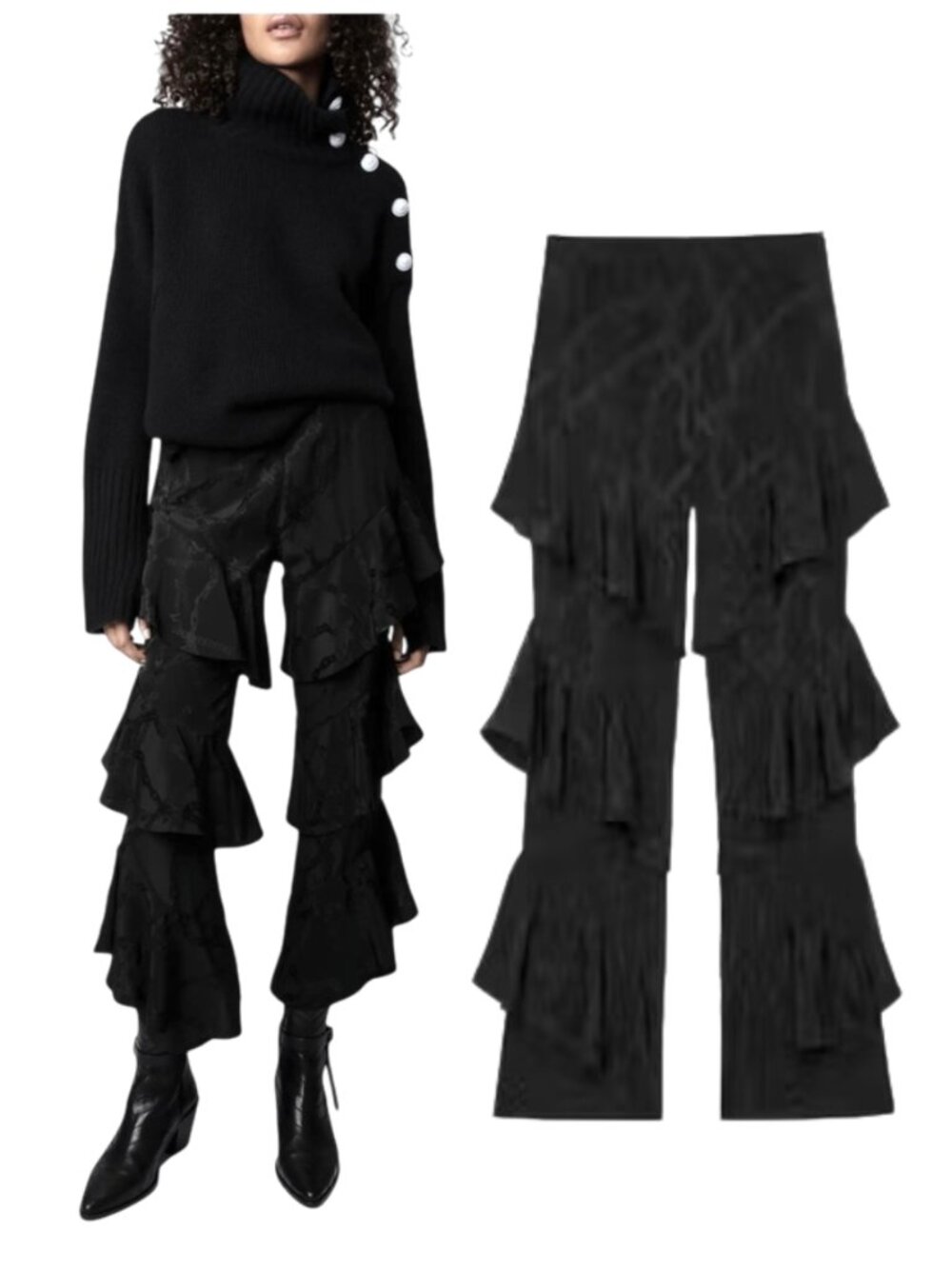 ZADIG & VOLTAIRE tiered ruffle Poum pants F 36 US S black silk jacquard